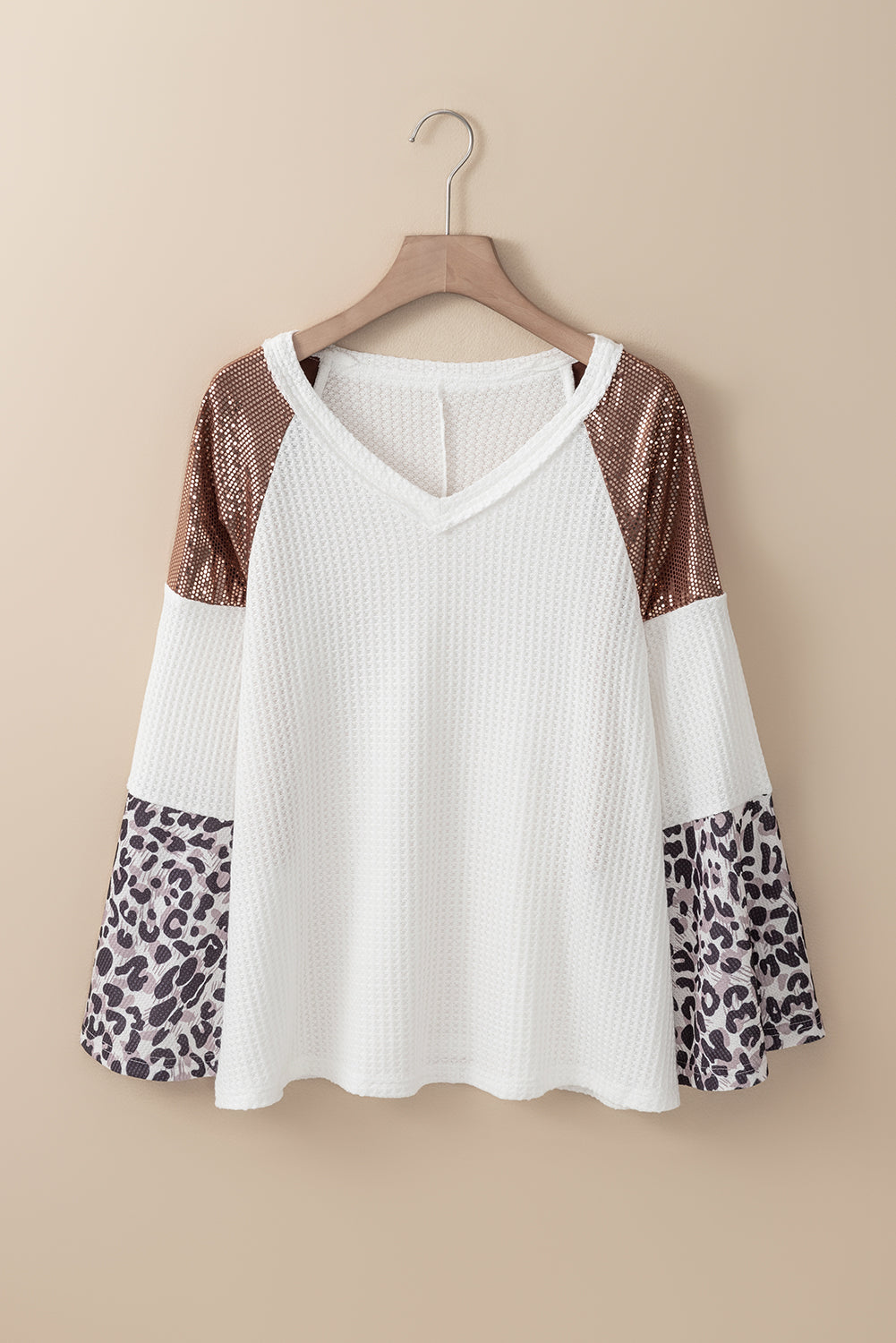 White Sequin Patchwork Bell Sleeve V Neck Tunic Top