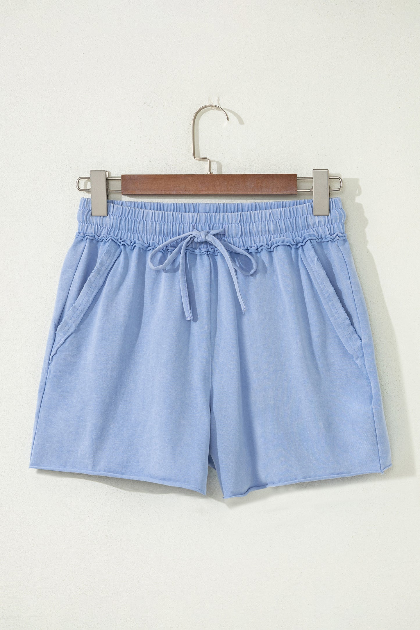 Sea Green Mineral Washed Drawstring Elastic Waist Raw Cut Shorts