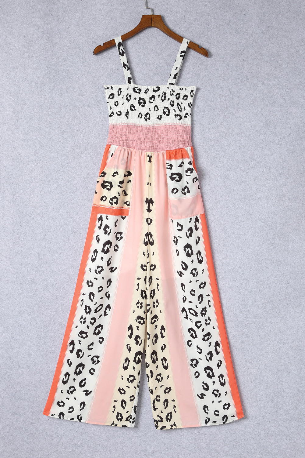 Pink Leopard Color Block Mix Print Pocketed Jumpsuit