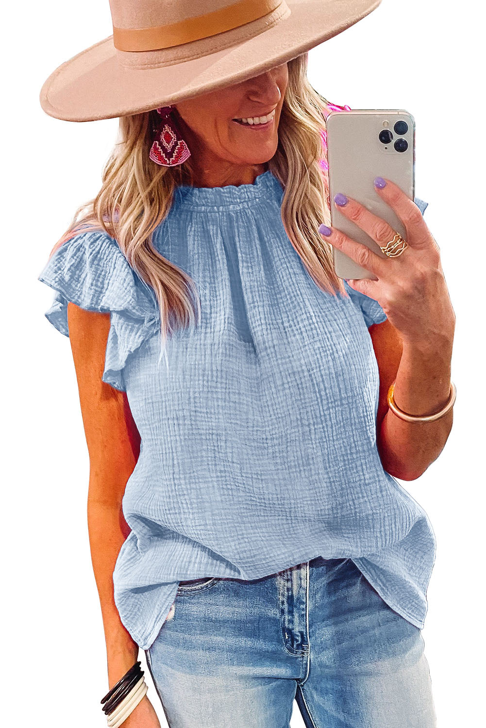 Sky Blue Flutter Sleeve Frilled Neck Textured Blouse