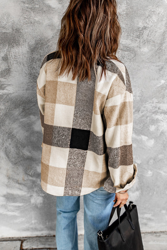 Plaid Khaki Buttoned Long Sleeve Jacket