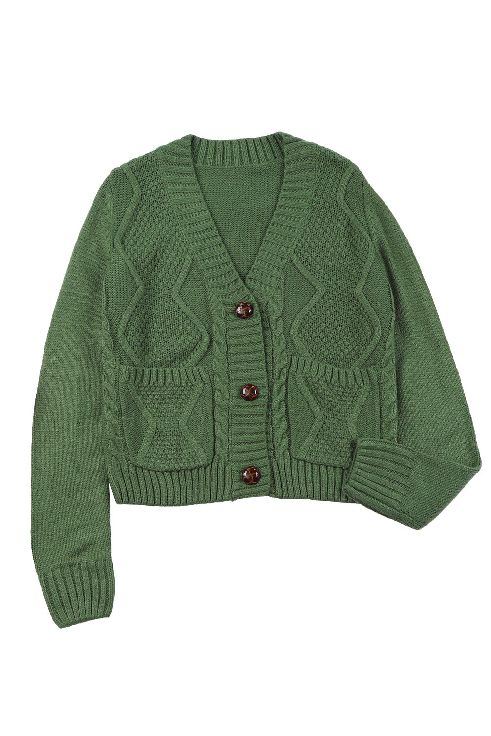 Green Front Pockets Buttons Textured Cardigan