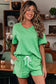 Mint Green V Neck Drop Shoulder Tee and Patchwork Drawstring Shorts Set