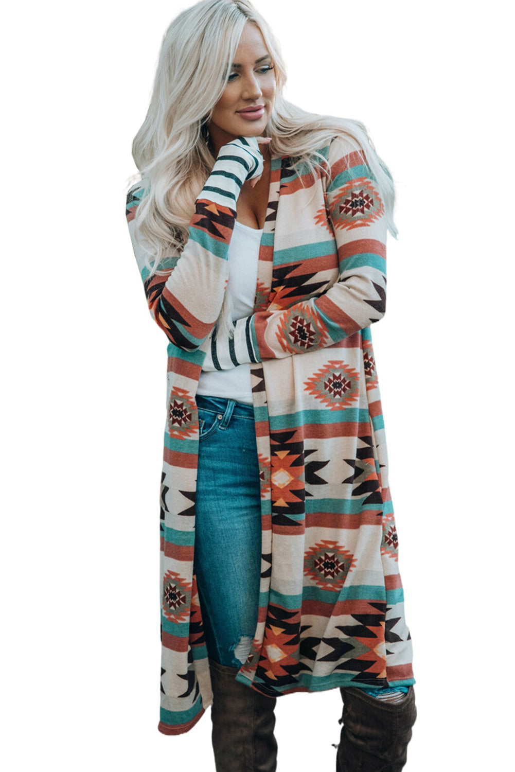 Aztec Print Open Front Long Cardigan