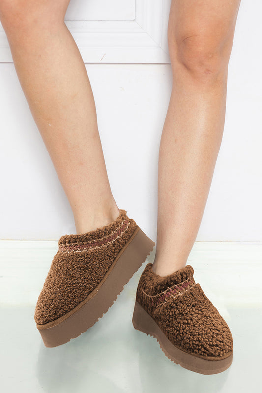 Chestnut Embroidered Sherpa Plush Thick Sole Shoes