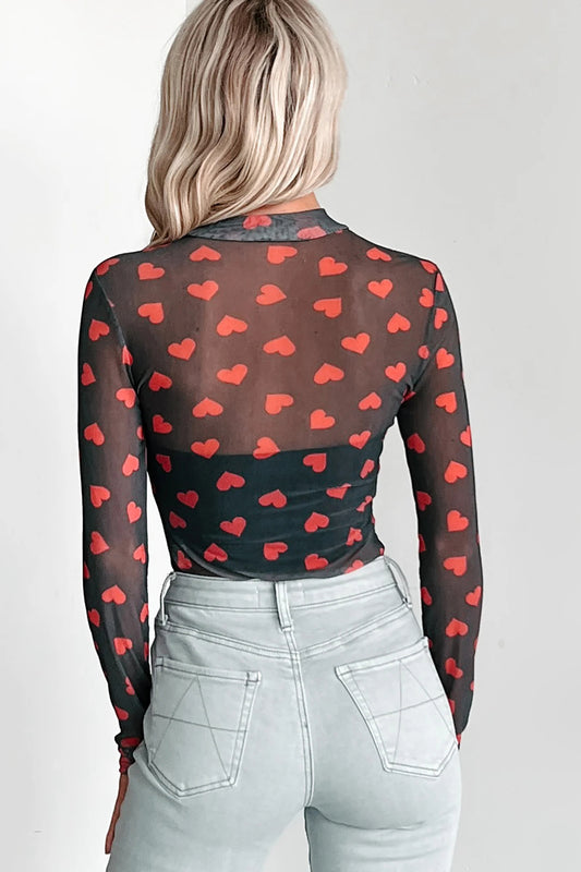 Black Valentines Heart Printed Sheer Mesh Long Sleeve Top