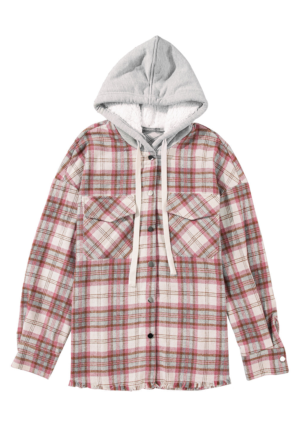 Multicolour Plaid Flap Pocket Hooded Raw Hem Jacket