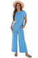 Smoke Gray Solid Corded Knit Short Sleeve T Shirt and Wide Leg Pants Set