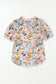 Multicolor Split V Neck Puff Sleeve Flower Print Blouse