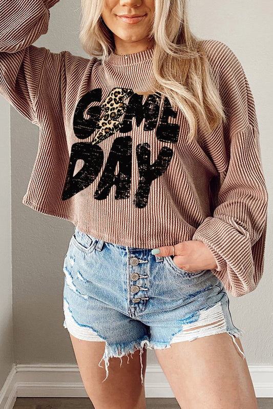 Game Day Graphic Khaki Crop Corded Knit Top
