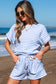 Black Stripe Knitted Short Sleeve Top and Drawstring Shorts Set