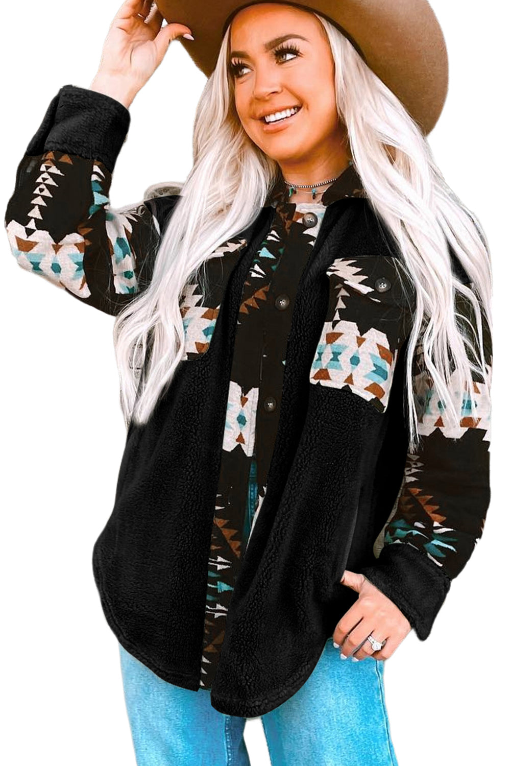 Black Western Aztec Print Accent Fleece Shacket