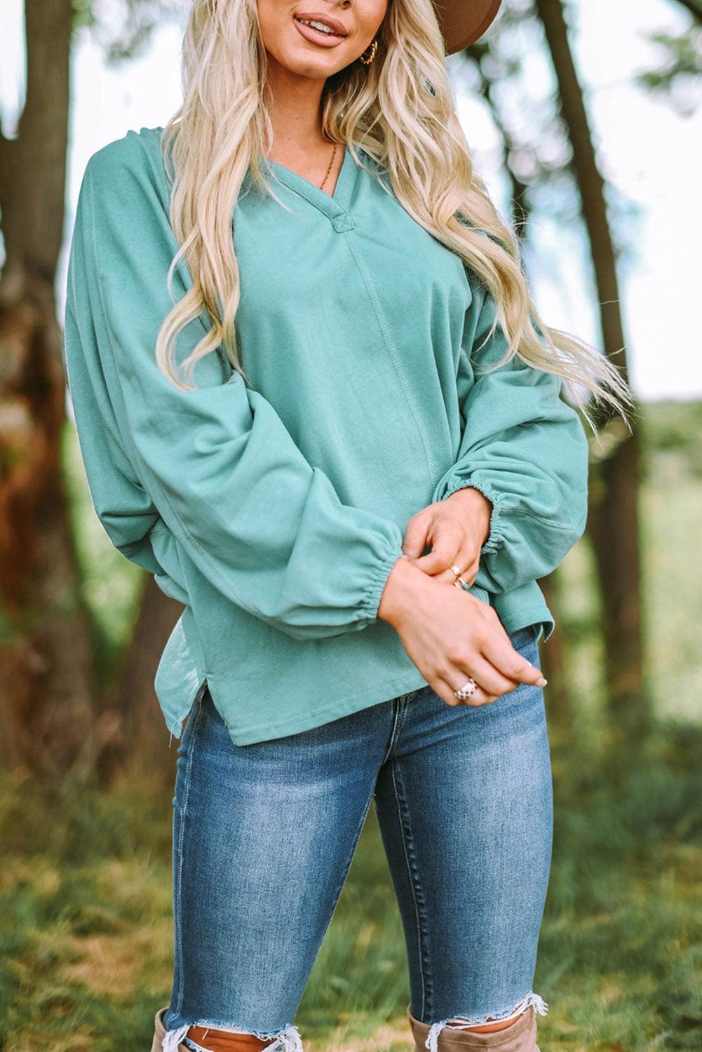 Split V Neck Green Dolman Top