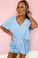 Mint Green V Neck Drop Shoulder Tee and Patchwork Drawstring Shorts Set