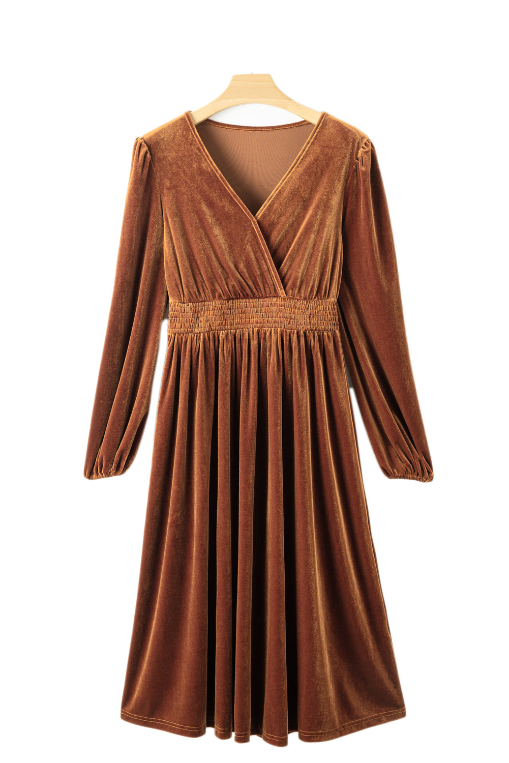 Camel Wrap V Neck High Waist Velvet Midi Dress