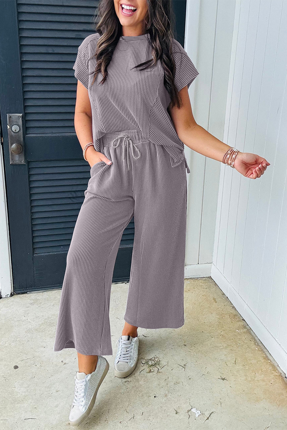 Smoke Gray Solid Corded Knit Short Sleeve T Shirt and Wide Leg Pants Set