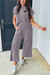 Smoke Gray Solid Corded Knit Short Sleeve T Shirt and Wide Leg Pants Set