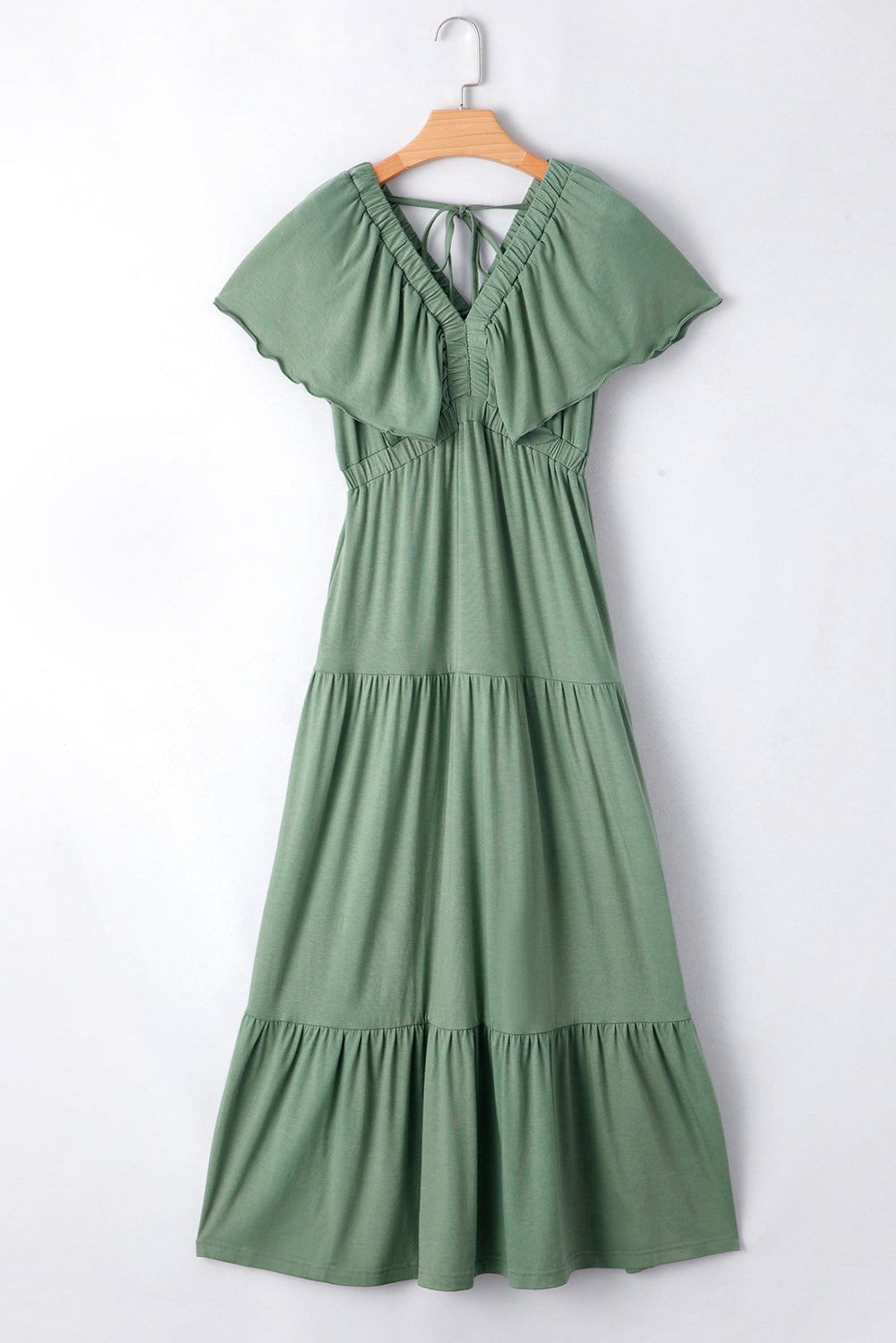 Textured V Neck Flutter Sleeve Ruffled Maxi Dress
