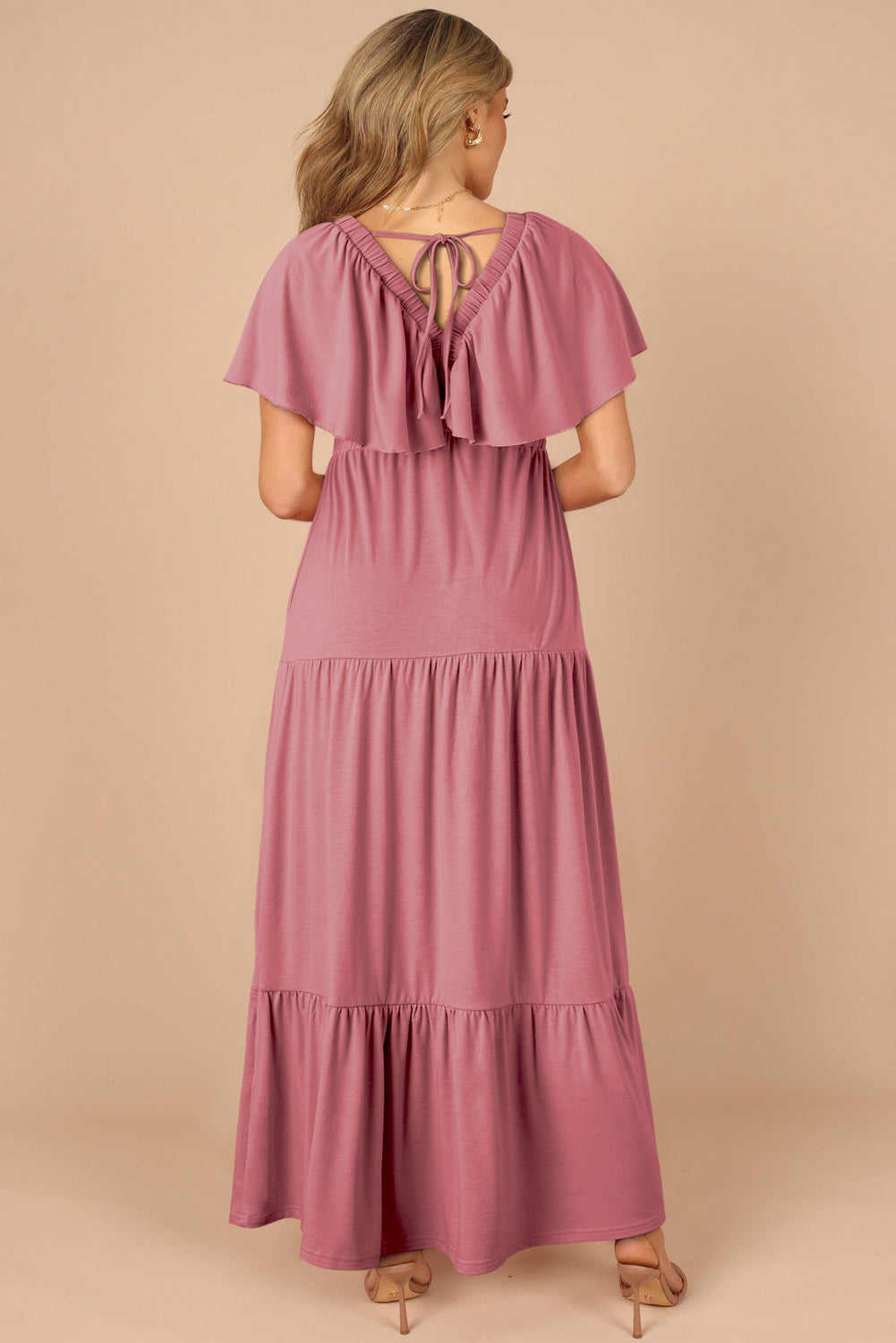 Textured V Neck Flutter Sleeve Ruffled Maxi Dress