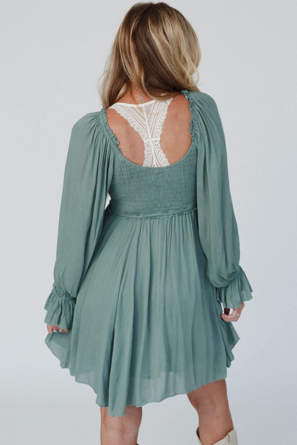 Mist Green Ruffled Bubble Sleeve Flowy Short Dress