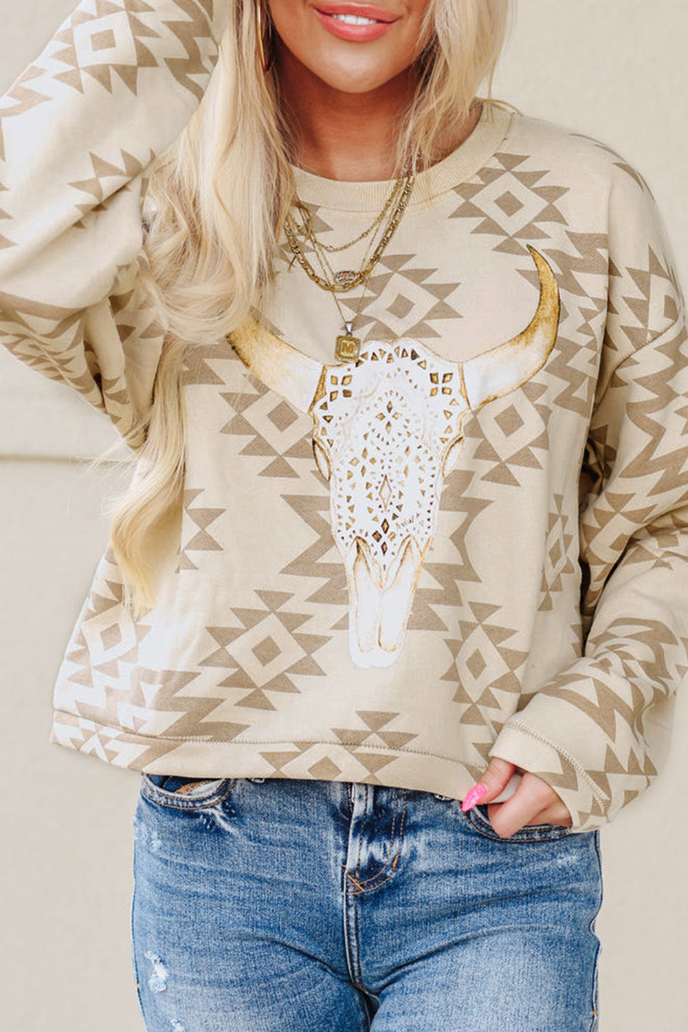 Steer Head Graphic Aztec Pullover Sweatshirt