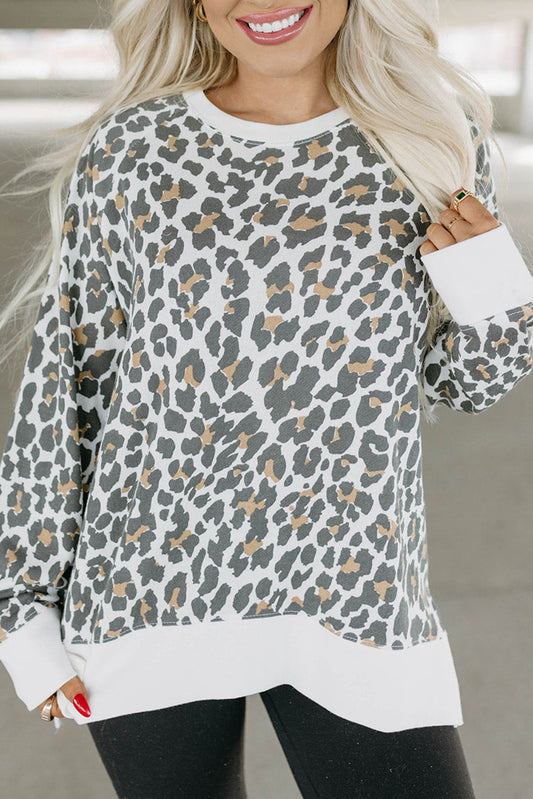 White Printed Solid Trim Leopard Print Top