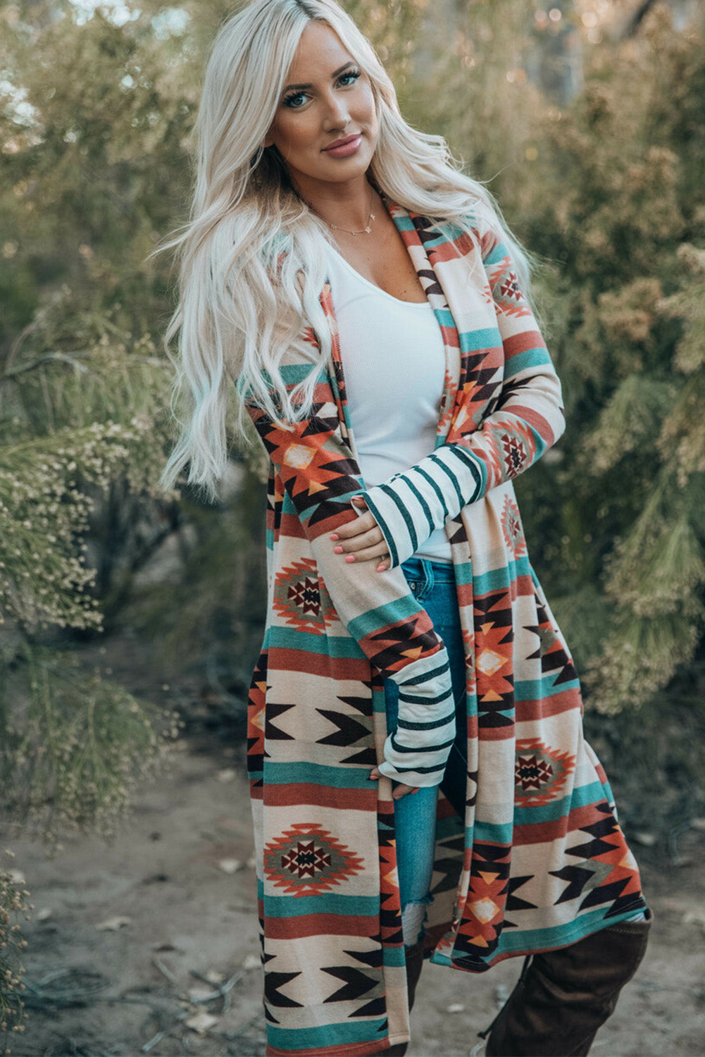 Aztec Print Open Front Long Cardigan