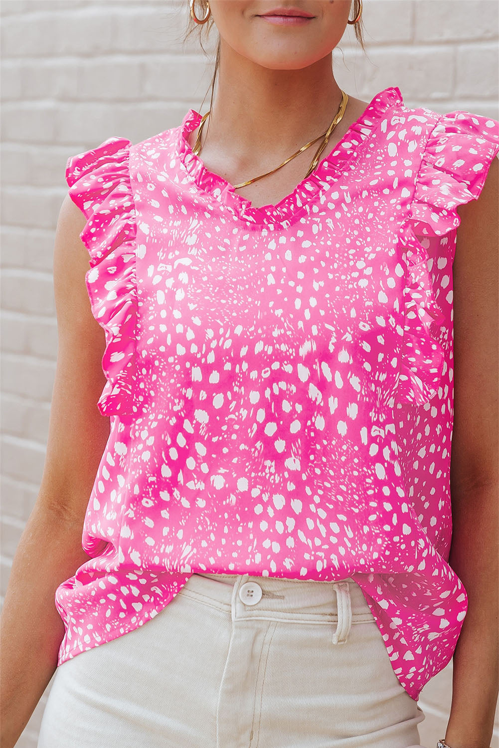 Rose Leopard Ruffle Trim Tank Top