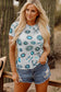 Sky Blue Western Turquoise Printed Crewneck Slim Fit Tee