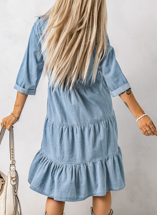 Sky Blue Ruffled Denim Full Buttoned Midi Dress