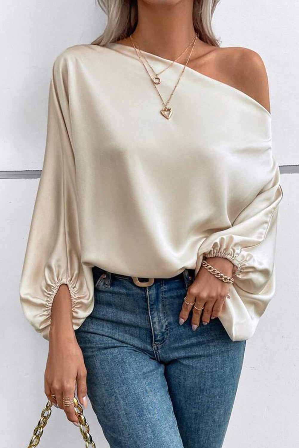 Asymmetrical Neck Balloon Sleeve Satin Blouse