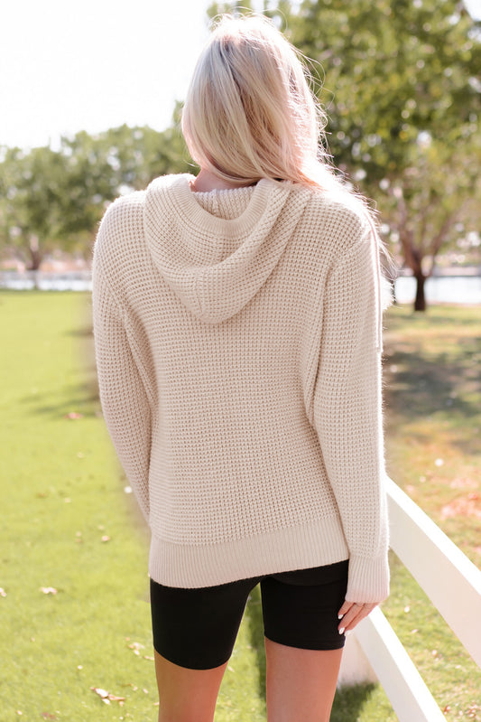 Waffle Knit Hooded Apricot Sweater with Pocket