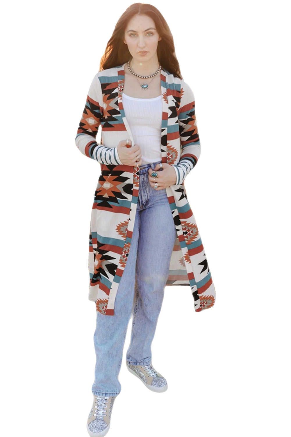 Aztec Print Open Front Long Cardigan