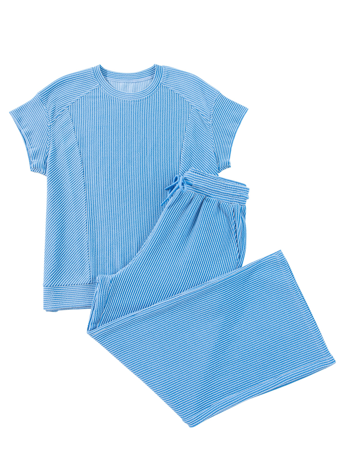 Smoke Gray Solid Corded Knit Short Sleeve T Shirt and Wide Leg Pants Set