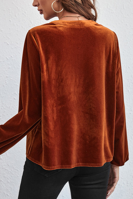 Gold Flame Lantern Sleeve V Neck Velvet Top