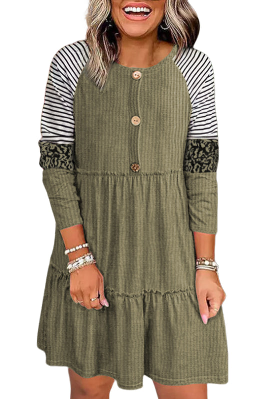 Striped Leopard Raglan Sleeve Textured Dress