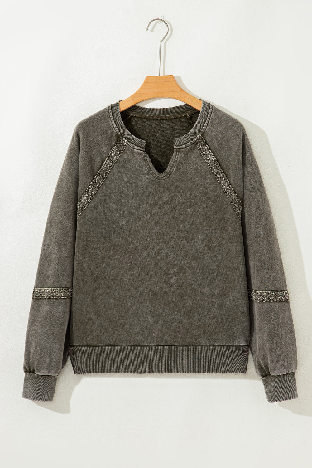 Sail Blue Lace Patchwork Detail Notched Neck Mineral Wash Baggy Sweatshirt