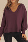 Black Waffle Knit Notched V Neck Drop Shoulder Solid Sweatshirt