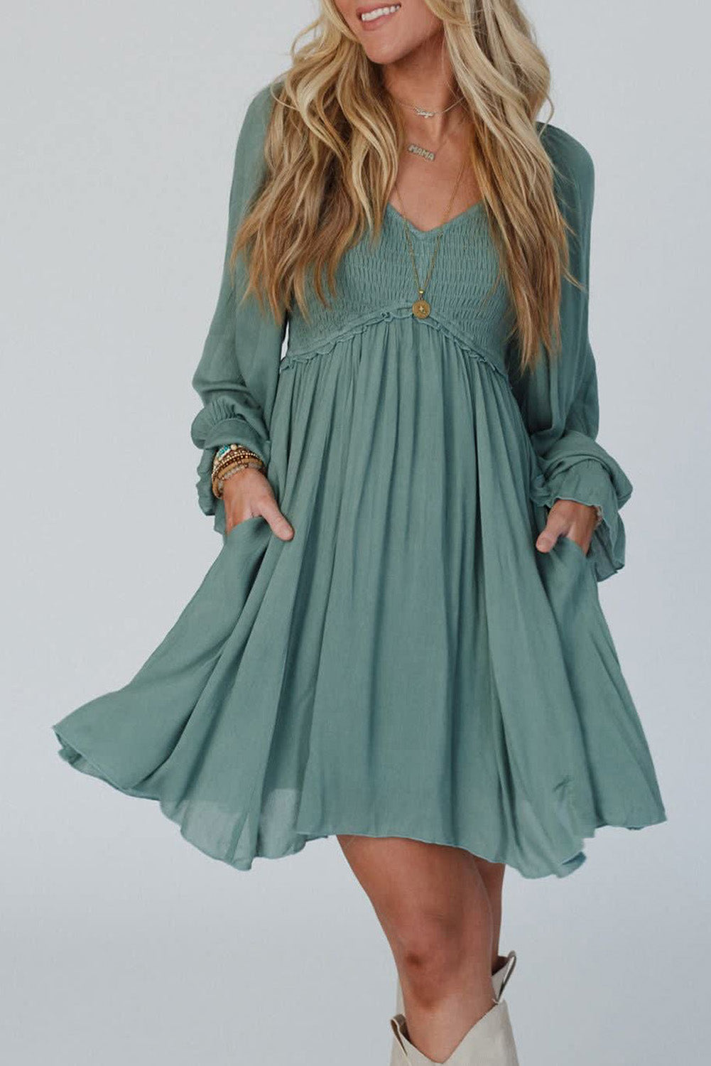 Mist Green Ruffled Bubble Sleeve Flowy Short Dress