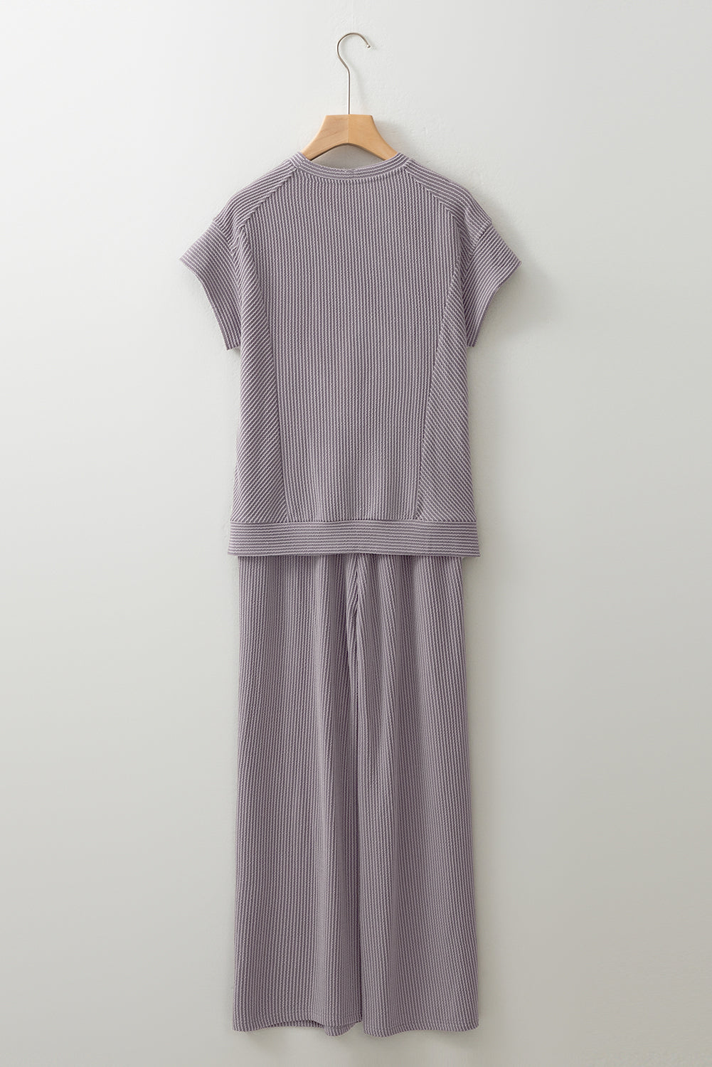 Smoke Gray Solid Corded Knit Short Sleeve T Shirt and Wide Leg Pants Set