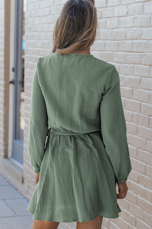 Jungle Green Button Neck Puff Sleeve Belted Pleated Mini Dress