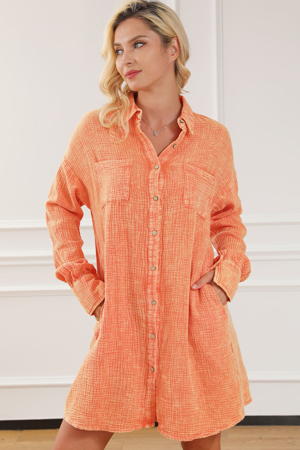 Orange Crinkled Dual Chest Pocket Oversized Shirt Dress