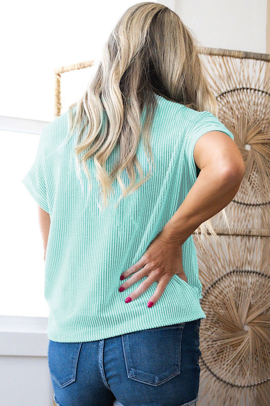 Light Blue Twisted Rib Contrast Pocket Knit Crew Neck Plus Size T Shirt