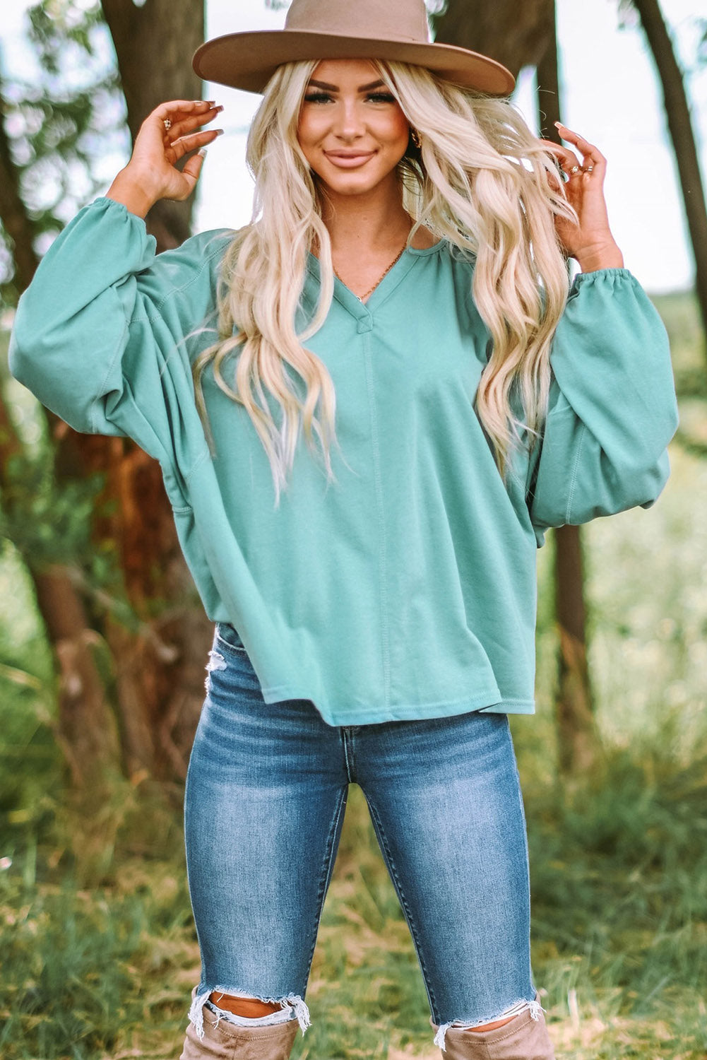 Split V Neck Green Dolman Top