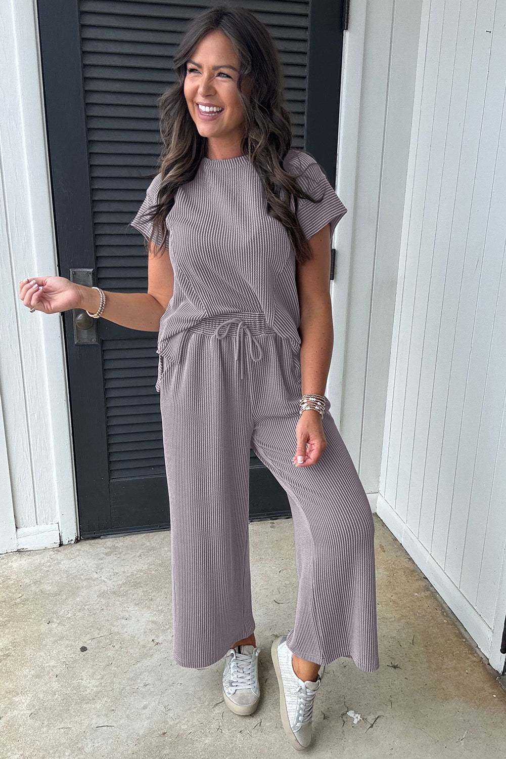 Smoke Gray Solid Corded Knit Short Sleeve T Shirt and Wide Leg Pants Set