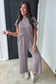 Smoke Gray Solid Corded Knit Short Sleeve T Shirt and Wide Leg Pants Set