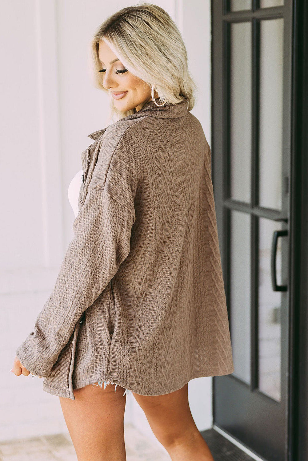 Oversize Textured Knit Khaki Shacket