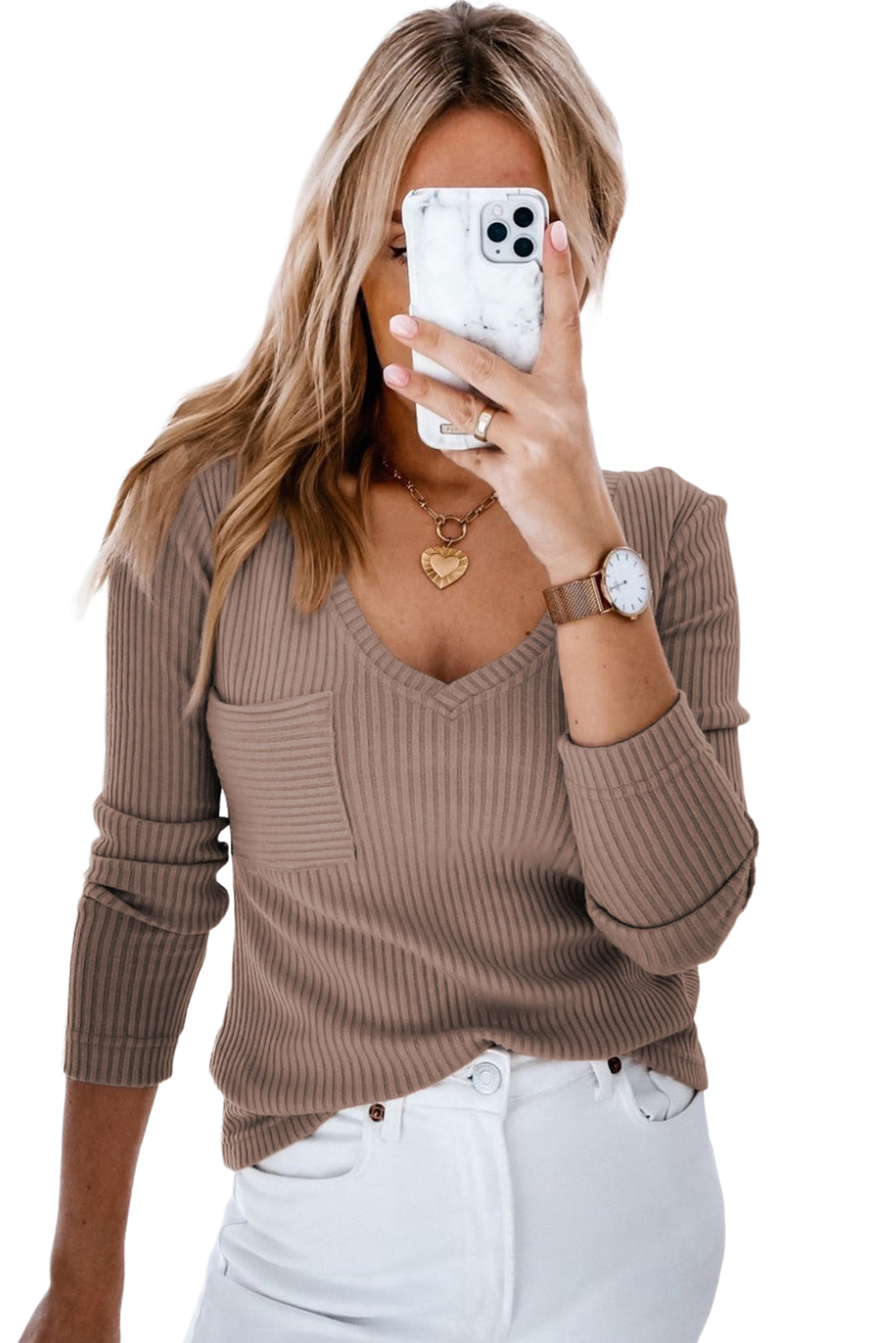 Ribbed Knit Khaki V Neck Top