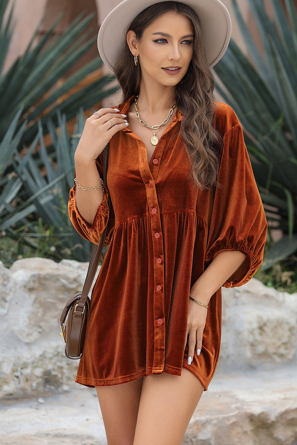 Chestnut 3/4 Sleeve Tunic Babydoll Velvet Shirt