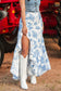 Sky Blue Boho Floral High Waist Ruffle Split Maxi Skirt